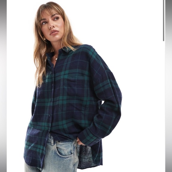 Abound Tops - Abound Plaid Button-Up Shirt in Green-Navy Jo Plaid Flannel Top